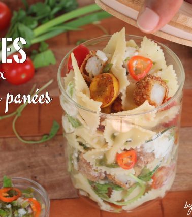 Recette de Salad Jar de PÂTES aux CREVETTES panées sauce chien, selon Tatie Maryse